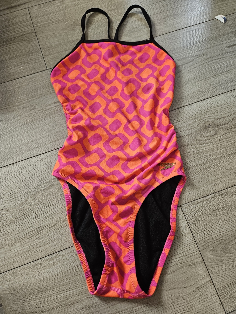 Speedo Geometric Print One Piece Swimsuit Neon Pink Orange Crossback Athletic S